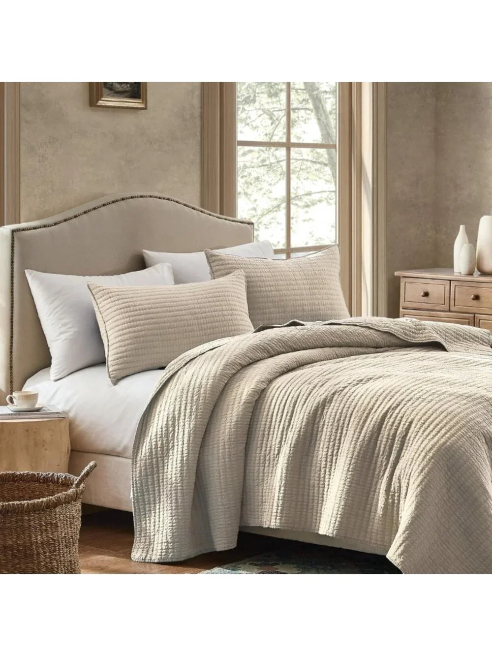 100% Cotton King Size Quilt Set, Channel Pick Stitch Design, Beige Flax Color